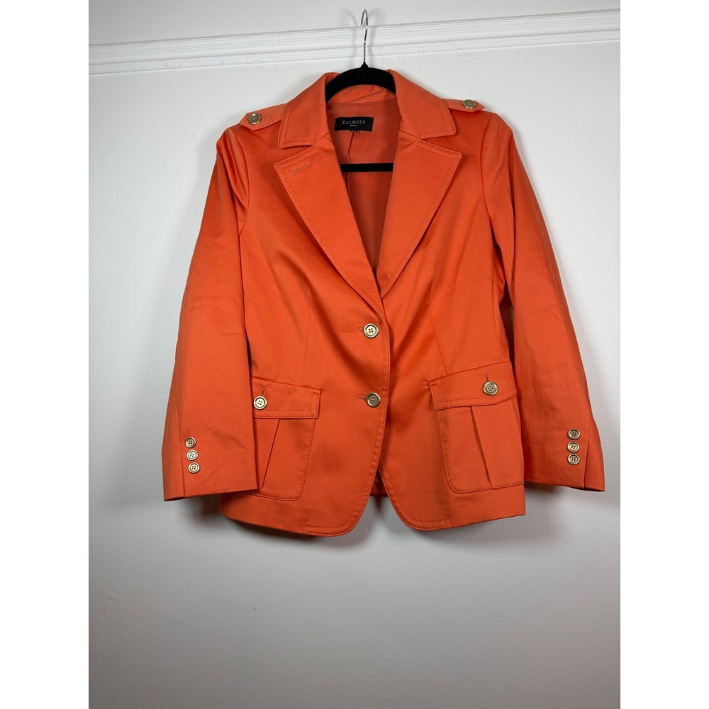 Talbots Petites Orange Cotton Blend Two Button Blazer Jacket Cargo Pockets 6P
